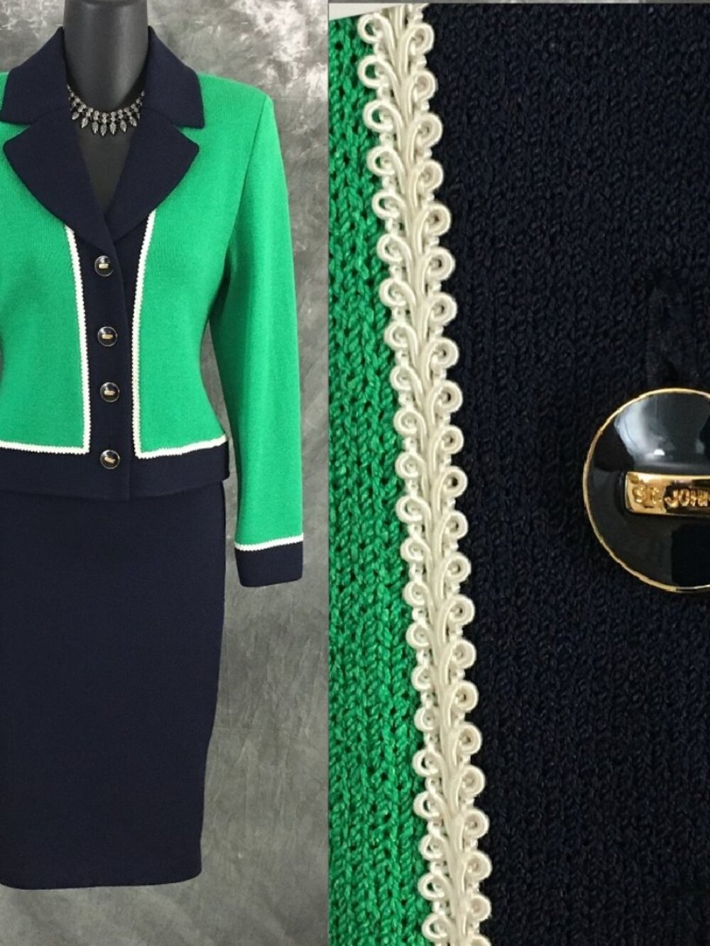 BEAUTIFUL St John collection knit green blue multi jacket skirt suit size 2